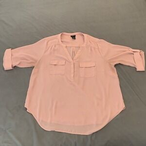 Torrid Blouse Womens 1 Pink High Low Roll Tab Sleeve Sheer Chiffon Top Pockets
